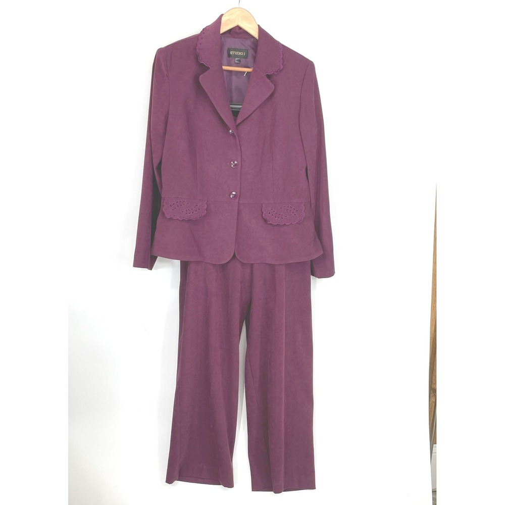 Studio I Women Pant Suit 12 Blazer Trousers Purple Faux Suede Eyelet Fall Career